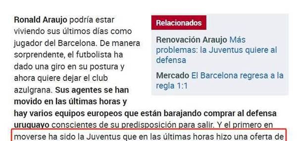 世体：巴萨拒绝尤文报价，阿劳霍提出离队+7000万欧报价才会考虑